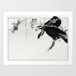 Japanese crows perched on a branch Illustration from Seitei Kacho Gafu (1890-1891) by Wantanabe Seit Art Print | Blooming, Gafu, Artwork, Corvus, Art, Decoration, Ethnicity, Asian, Deco, Historical 