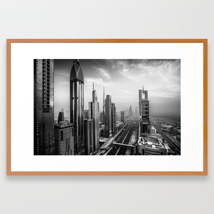 Dramatic Dubai skyline in black an white Framed Art Print