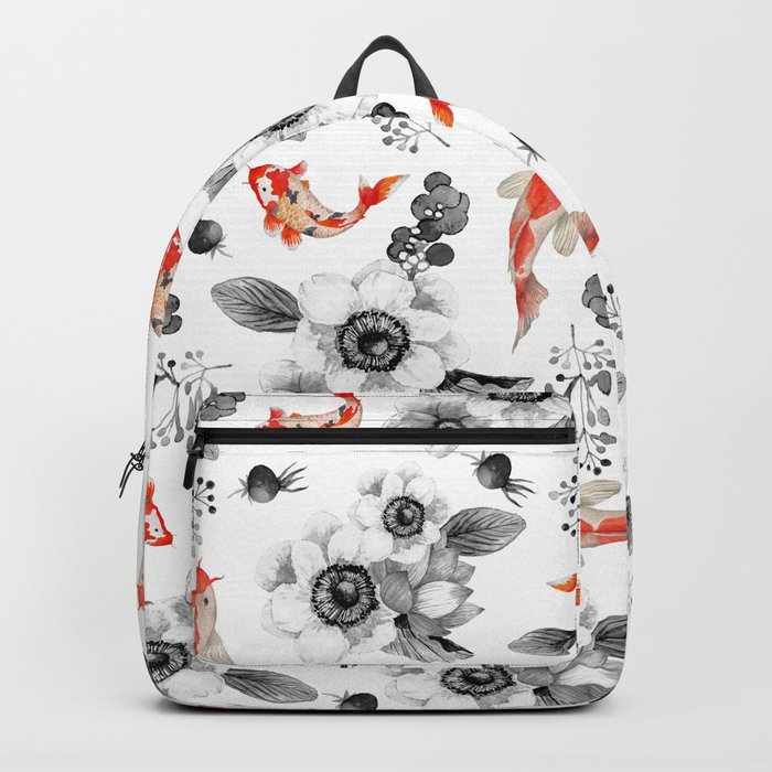 Colorful orange black white watercolor floral koi fish Backpack by Pink  Water