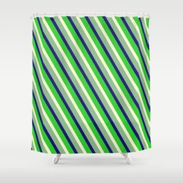 [ Thumbnail: Light Yellow, Dark Sea Green, Midnight Blue & Lime Green Colored Lined Pattern Shower Curtain ]