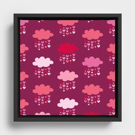 Retro raining hearts love clouds burgundy Valentine Framed Canvas