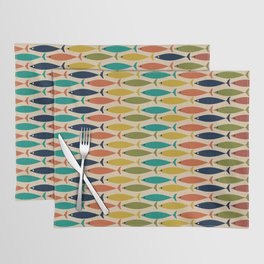  Midcentury Modern Multicolor Fish Stripes Pattern in Olive, Mustard, Orange, Teal, Beige Placemat