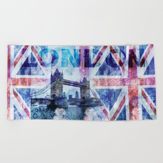 London Tower Bridge mixed media Art and Typography Beach Towel