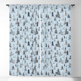 Watercolor trees Winter holiday blue Blackout Curtain