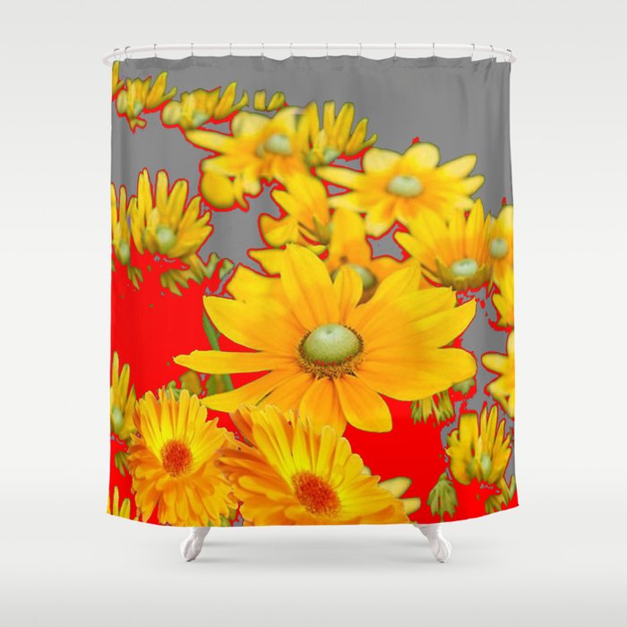 MODERN YELLOW FLOWERS GREY-RED ART Shower Curtain
