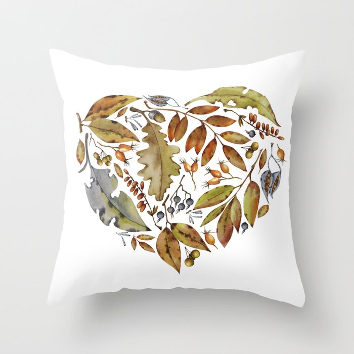 Heart made from autumn leaves and berries . Throw Pillow