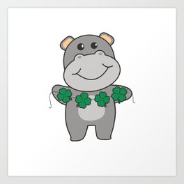 Hippo With Shamrocks Cute Animals For Luck Art Print