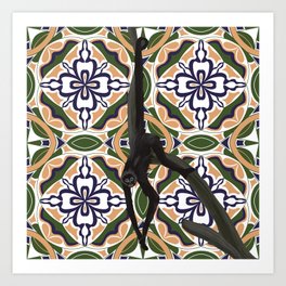 Hanging spider monkey on pattern Art Print | Artdeco, Graphicdesign, Jungle, Pattern, Brazil, South America, Monkeys, Spidermonkey, Animal, Deco 