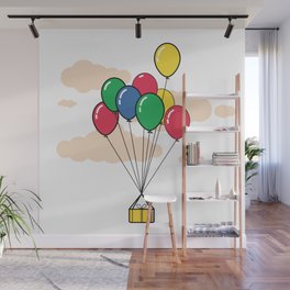Gift box tied to balloons floating in the sky Wall Mural