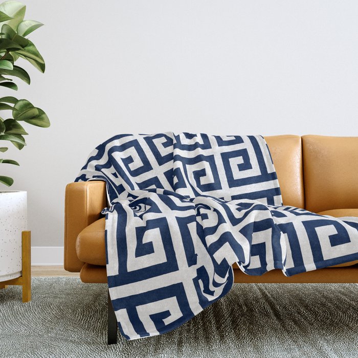 Dark Navy Blue and White Greek Key Pattern Throw Blanket by