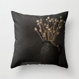 Moody still life of a vase with dried poppies Throw Pillow
