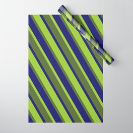 [ Thumbnail: Green, Dark Olive Green, and Midnight Blue Colored Pattern of Stripes Wrapping Paper ]