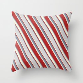 [ Thumbnail: Red, Light Slate Gray, Light Grey & Beige Colored Pattern of Stripes Throw Pillow ]