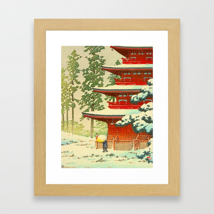 Vintage Japanese Woodblock Print Japanese Shinto Shrine Red Pagoda With Snow Capped Trees Framed Art Print
