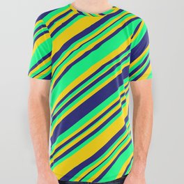 [ Thumbnail: Midnight Blue, Green, and Yellow Colored Lines/Stripes Pattern All Over Graphic Tee ]
