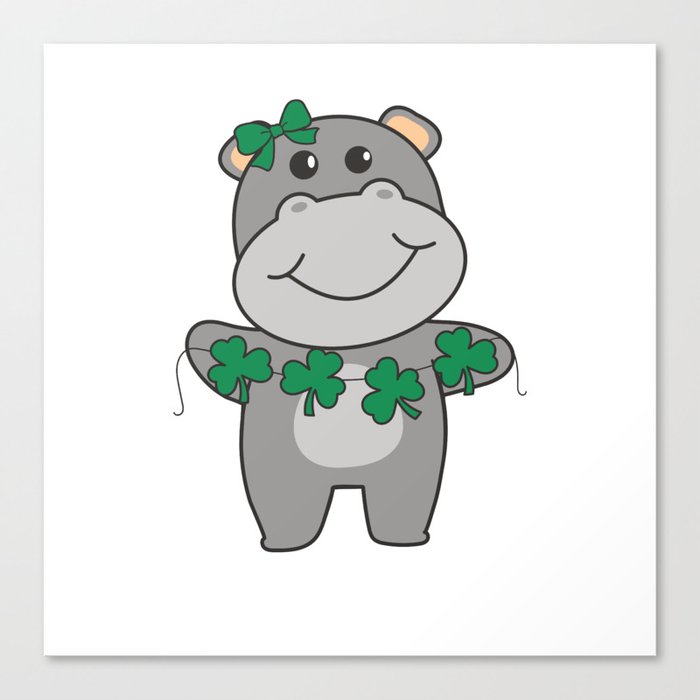 Hippo With Shamrocks Cute Animals For Luck Canvas Print