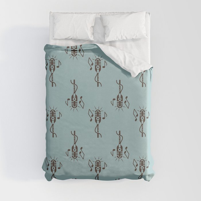 Black Retro Microphone Pattern on Sage Turquoise Duvet Cover