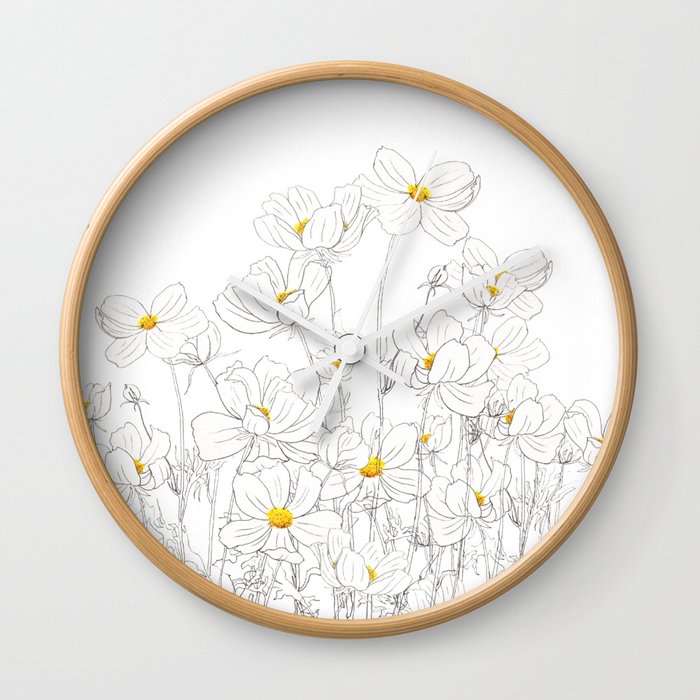 white cosmos flowers  ink and watercolor Wall Clock