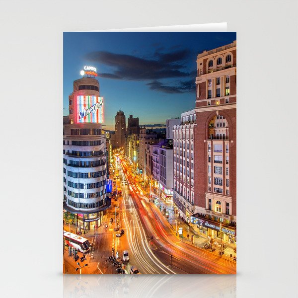 Spain Photography - Downtown Madrid Lit Up In The Night Stationery Cards