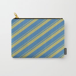 [ Thumbnail: Dark Khaki and Blue Colored Stripes Pattern Carry-All Pouch ]