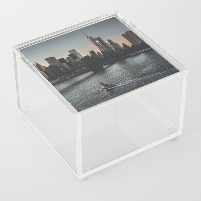 New York City Manhattan skyline and Brooklyn Bridge at sunset Acrylic Box