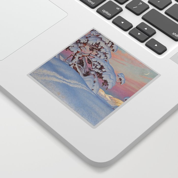 Snow and shadow on the snow-covered mountain | sunset with moon alpine painting | Gustaf Fjaestad Sticker