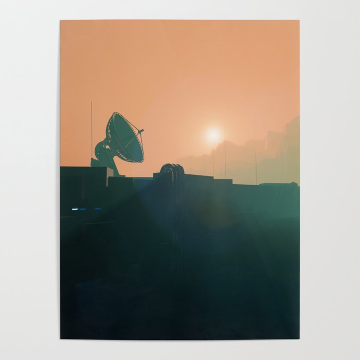 Sunset on Mars space base radar dish and an astronaut, planet landscape Poster