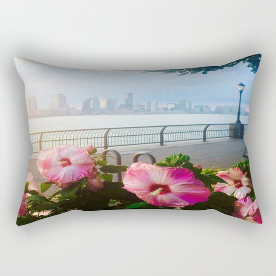 Battery Park New York City Skyline with Pink Hibiscus Flowers Rectangular Pillow