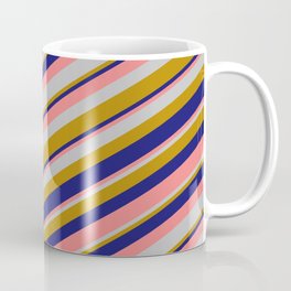 [ Thumbnail: Light Coral, Grey, Dark Goldenrod & Midnight Blue Colored Lines Pattern Coffee Mug ]