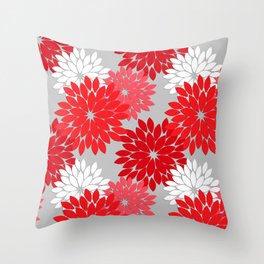 Modern Floral Kimono Print, Coral Red and Gray Throw Pillow