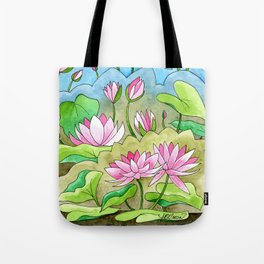 PINK WATER LILIES IN A LEAFY GREEN POND Tote Bag