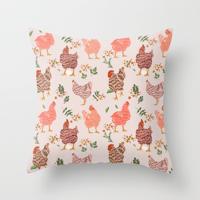 Pink Chickens Pattern For Chicken Lovers Throw Pillow