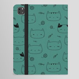 Green Blue and Black Doodle Kitten Faces Pattern iPad Folio Case