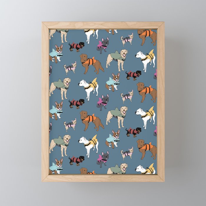 Dogs in Shark Lifejackets on Midnight Blue Framed Mini Art Print
