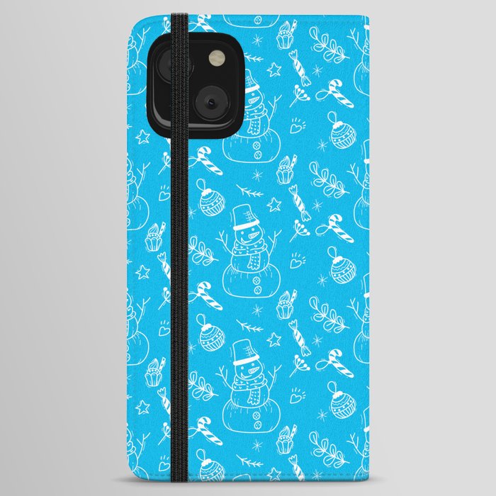 Turquoise and White Christmas Snowman Doodle Pattern iPhone Wallet Case