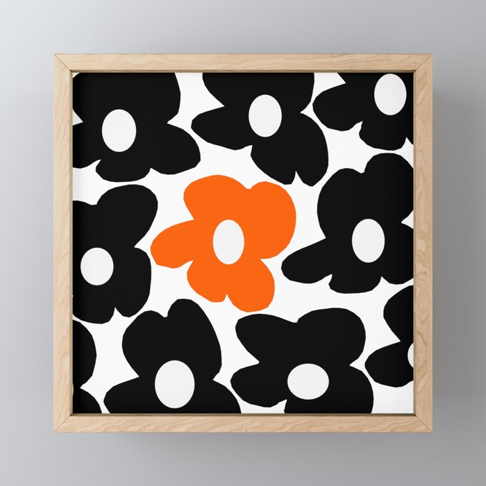 Large Orange and Black Retro Flowers White Background #decor #society6 #buyart Framed Mini Art Print