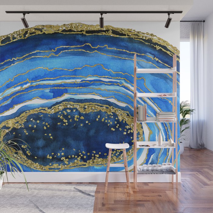 Cobalt blue and gold geode in watercolor Wall Mural