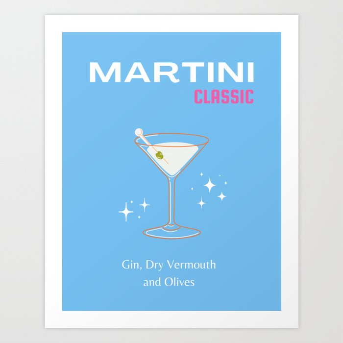 Martini, Cocktail, Cocktail Art, Preppy, Bar Art, Blue Art Print