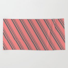 [ Thumbnail: Dim Grey & Light Coral Colored Lined/Striped Pattern Beach Towel ]