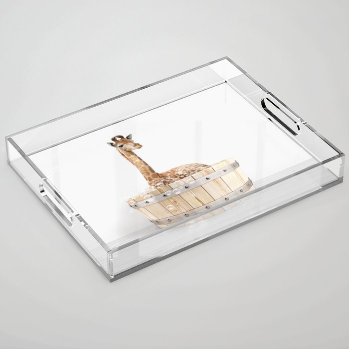 Giraffe in a Wooden Bathtub, Giraffe Taking a Bath, Bathtub Animal Art Print By Synplus Acrylic Tray