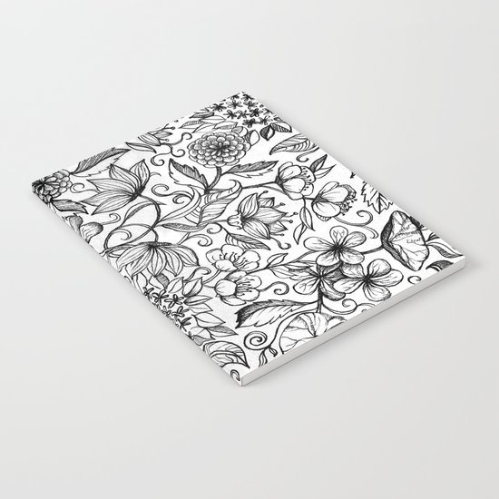 Hand drawn pencil floral pattern in black and white Notebook