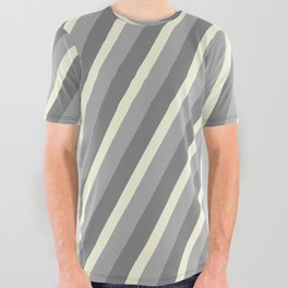 [ Thumbnail: Gray, Beige & Dark Grey Colored Lined/Striped Pattern All Over Graphic Tee ]