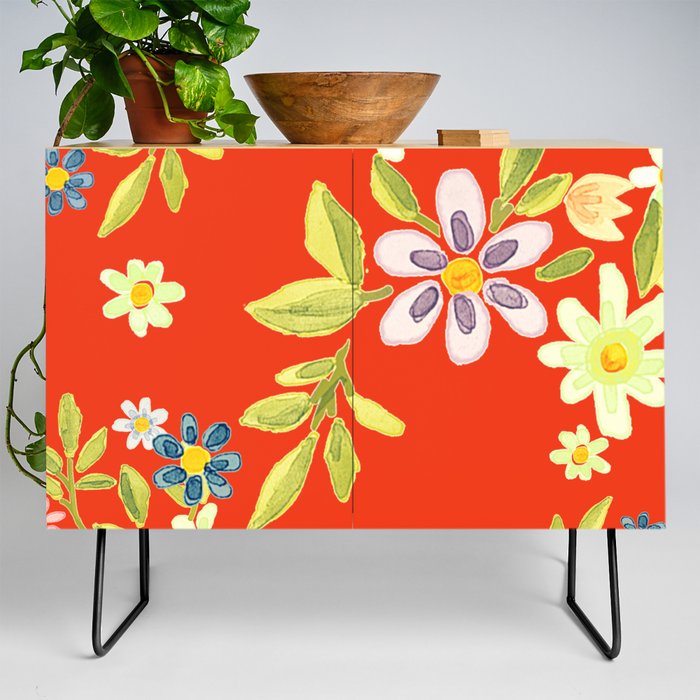 Red Japanese Floral  Credenza