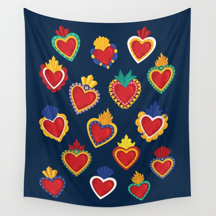 Mexican Sacred Hearts Pattern / Blue Background by Akbaly Wall Tapestry