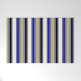 [ Thumbnail: Dark Khaki, Blue, Beige, and Black Colored Stripes/Lines Pattern Welcome Mat ]