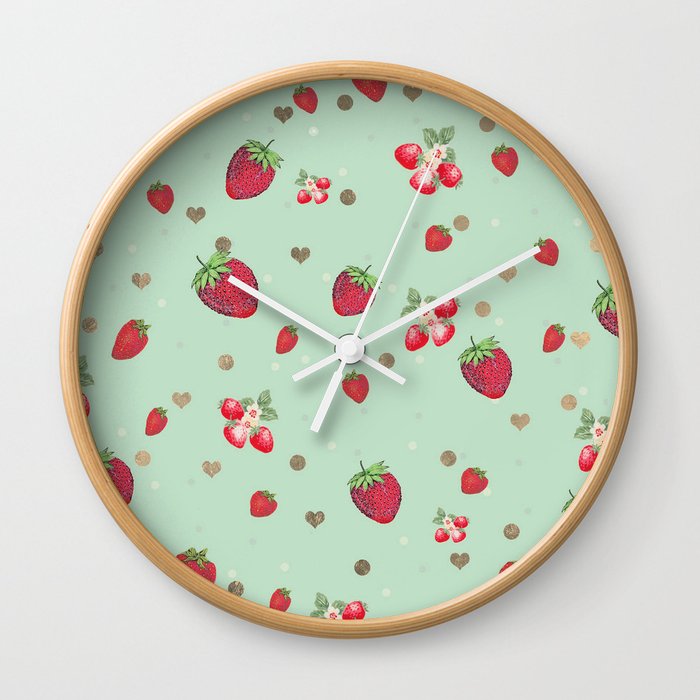 Mint green red gold geometrical strawberry fruit Wall Clock