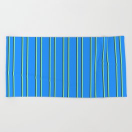 [ Thumbnail: Blue, Green & Dark Slate Gray Colored Lines/Stripes Pattern Beach Towel ]