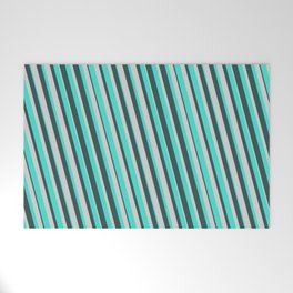 [ Thumbnail: Turquoise, Dark Slate Gray, and Light Gray Colored Pattern of Stripes Welcome Mat ]