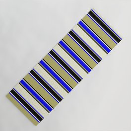 [ Thumbnail: Dark Khaki, Blue, Beige, and Black Colored Stripes/Lines Pattern Yoga Mat ]