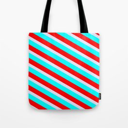 [ Thumbnail: Lavender, Cyan & Red Colored Striped Pattern Tote Bag ]
